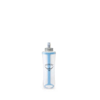 Soft flask water bottle with blue plastic piece behind transparent bottle. Osprey logo in the middle of bottle on a white background. 