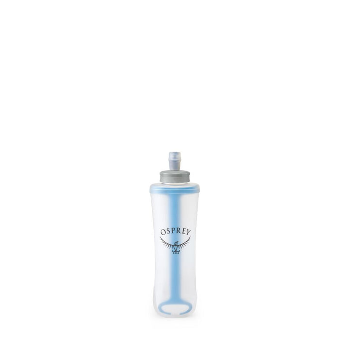 Soft flask water bottle with blue plastic piece behind transparent bottle. Osprey logo in the middle of bottle on a white background. 