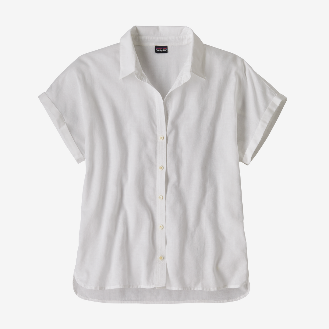 White short-sleeve button-up shirt on a white background
