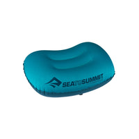 Blue inflatable hiking pillow on a white background