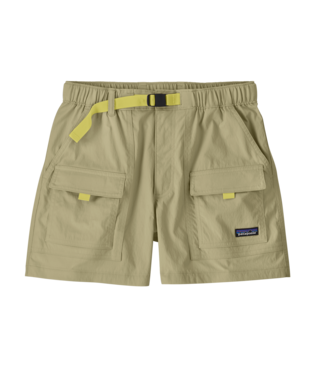 A pair of Patagonia cargo shorts in a light khaki color, featuring a matching khaki belt with a black buckle, front flap pockets, and a small Patagonia logo patch on the lower right leg.