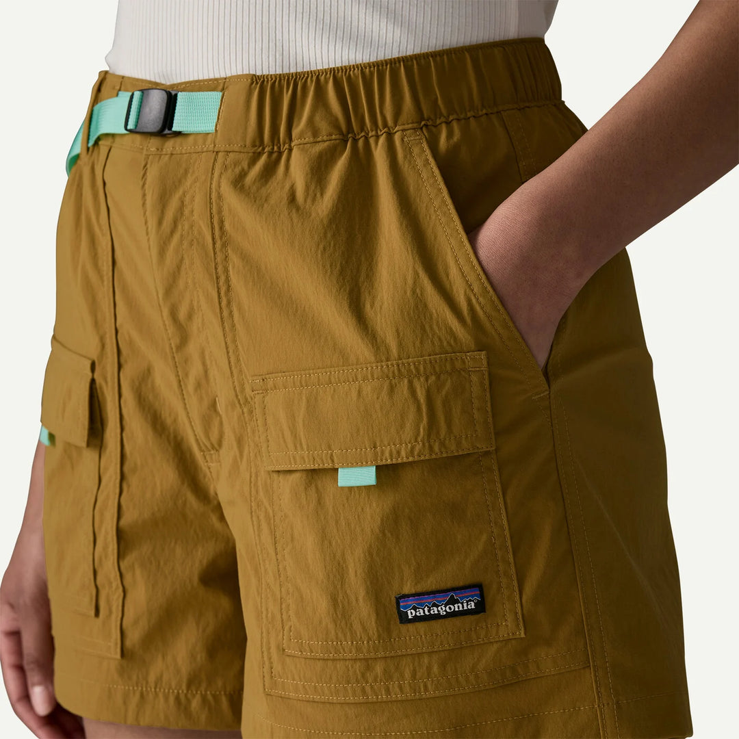 Brown shorts with a Patagonia logo on a white background