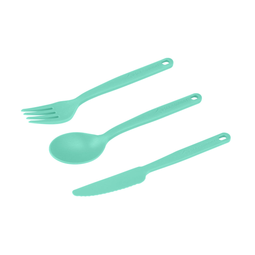 Set of turquoise plastic fork, spoon, and knife on a white background