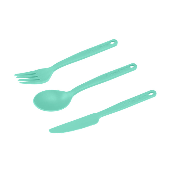 Set of turquoise plastic fork, spoon, and knife on a white background