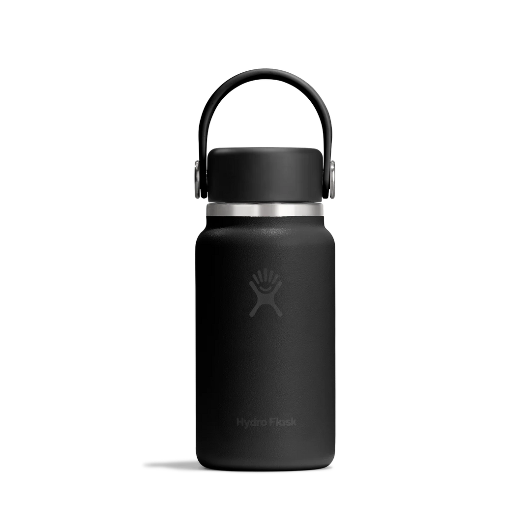A matte black HydroFlask water bottle with a matching black loop lid and a silver metal collar, shown on a clean white background.