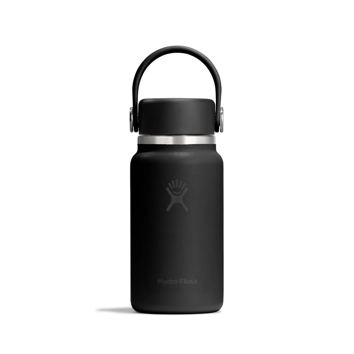A matte black HydroFlask water bottle with a matching black loop lid and a silver metal collar, shown on a clean white background.