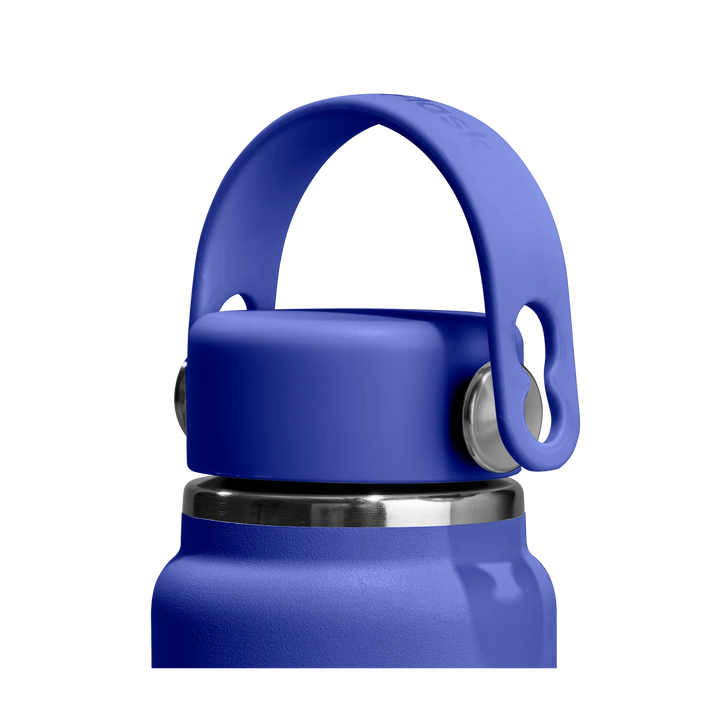 Close-up of a blue insulated water bottle with a matching blue loop handle and stainless steel rim, shown on a plain white background.