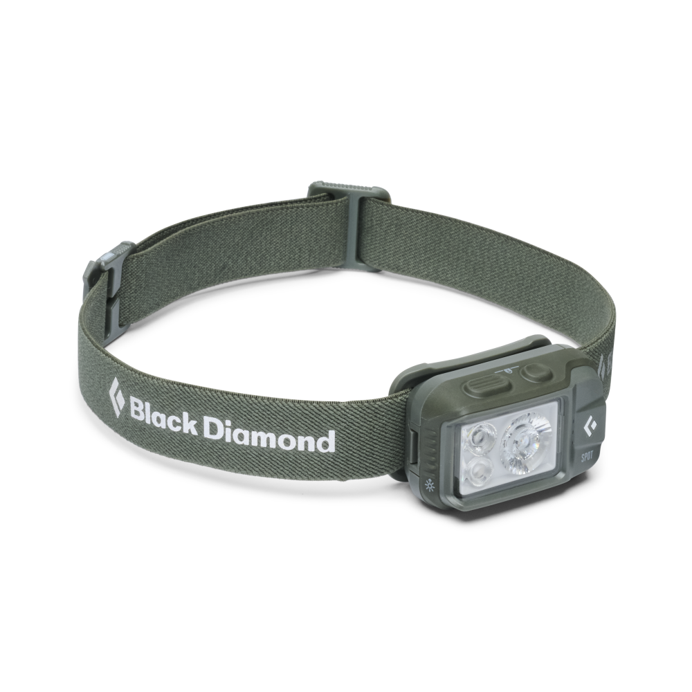 Black Diamond headlamp with an olive green adjustable fabric headband and a dark gray light module, shown on a clean white background.