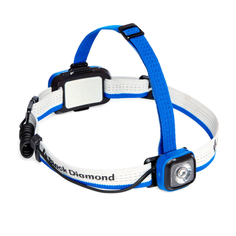 Headlamp with blue and white strap on a white background