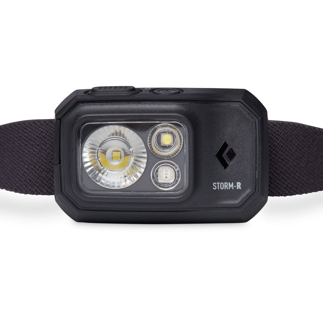 Close up of the front of a headlamp showing three lenses and the Black Diamond logo