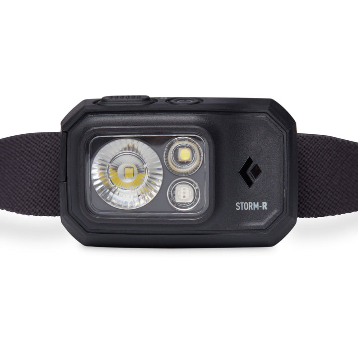 Close up of the front of a headlamp showing three lenses and the Black Diamond logo
