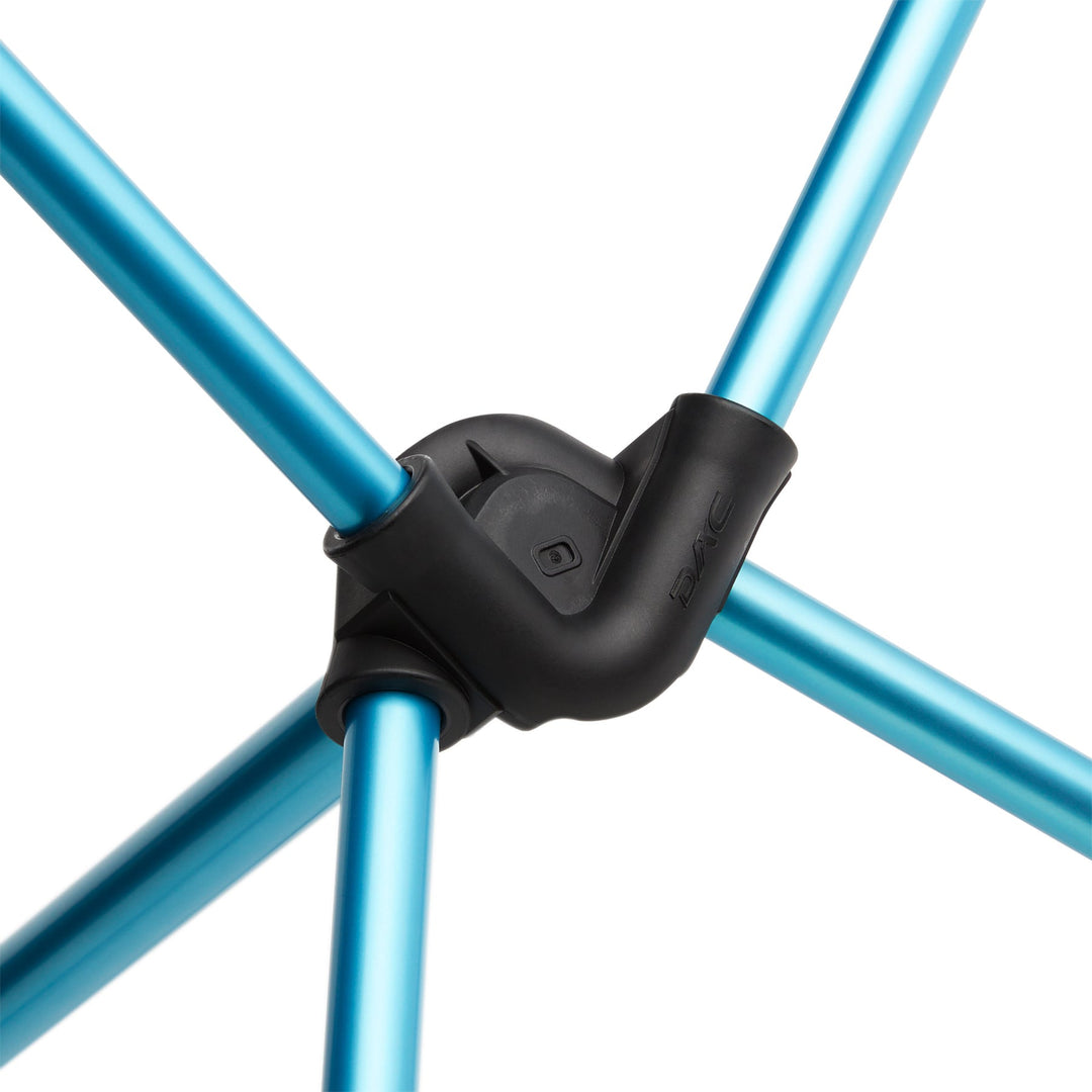 Close of a plastic junction between five blue aluminum tubes 