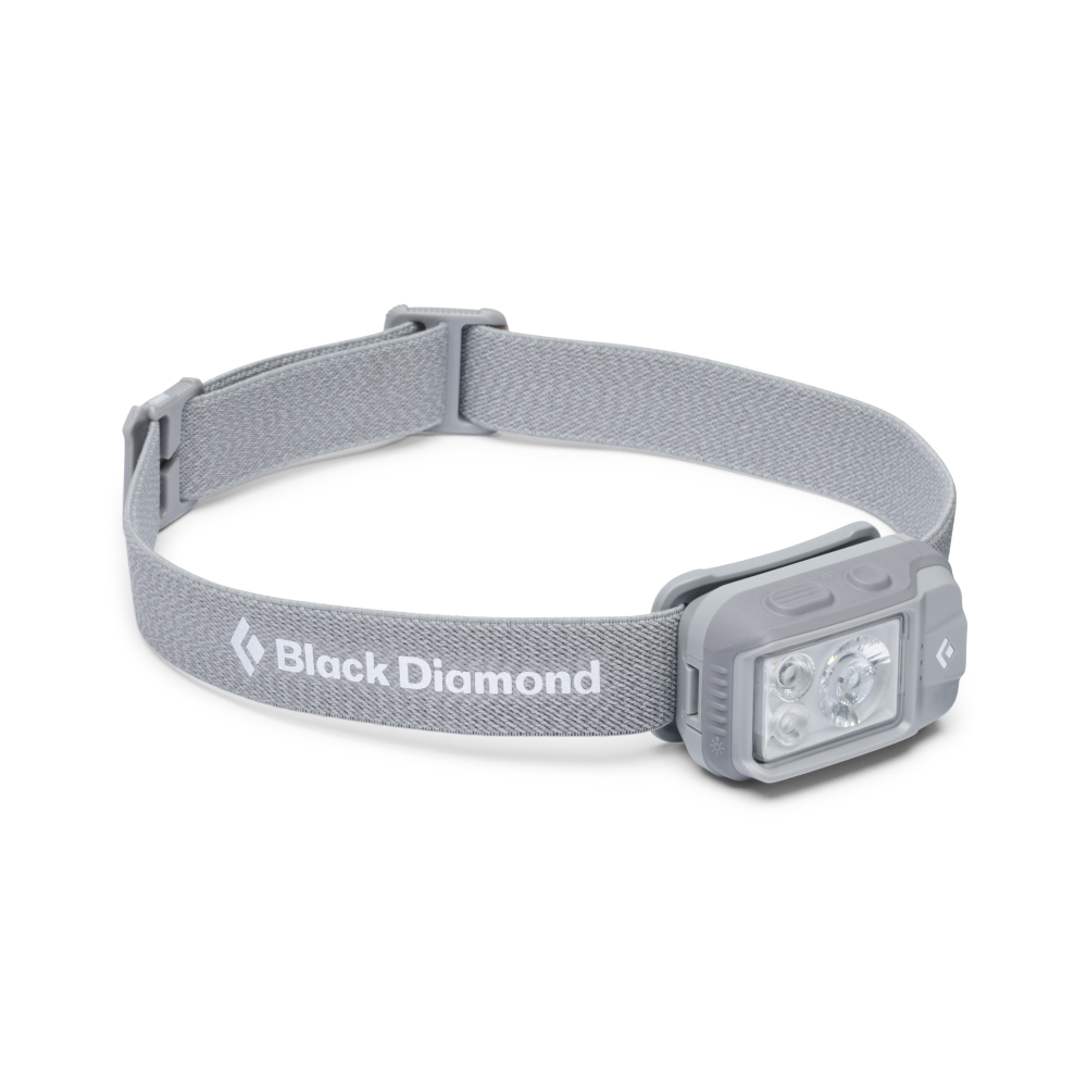 A gray Black Diamond headlamp with an adjustable woven strap and a rectangular LED light housing, shown on a clean white background.