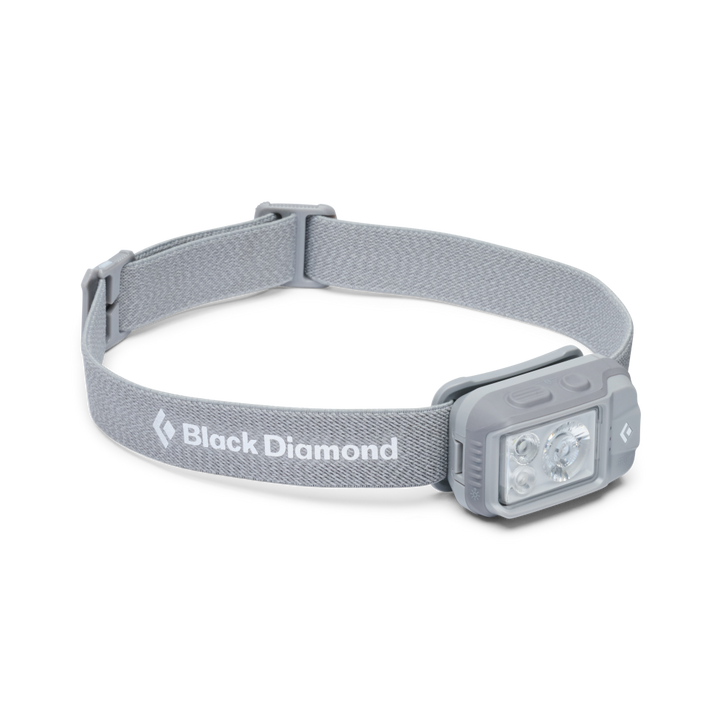 A gray Black Diamond headlamp with an adjustable woven strap and a rectangular LED light housing, shown on a clean white background.
