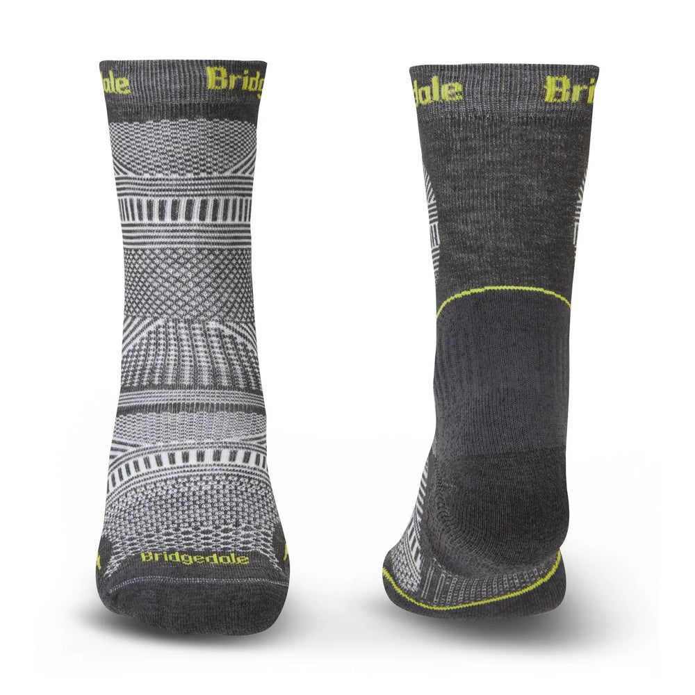 Pair of gray socks with patterned design and Bridgedale branding on a white background