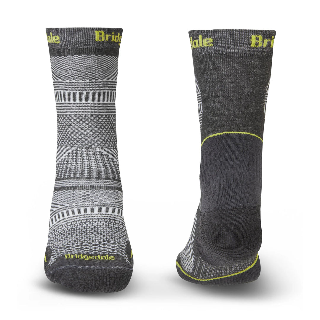 Pair of gray socks with patterned design and Bridgedale branding on a white background