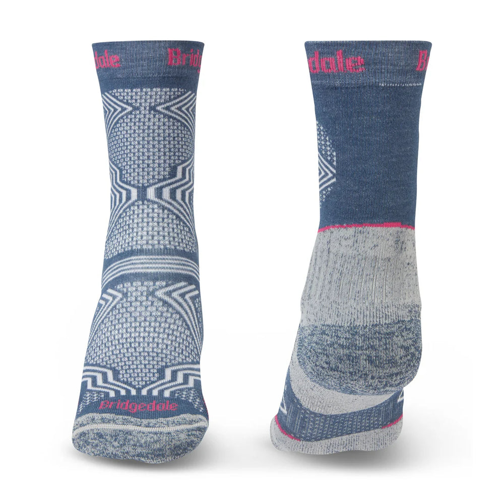 Pair of blue and gray patterned socks with Bridgedale branding on a white background