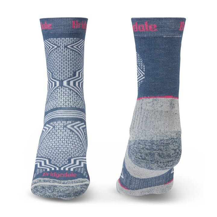 Pair of blue and gray patterned socks with Bridgedale branding on a white background