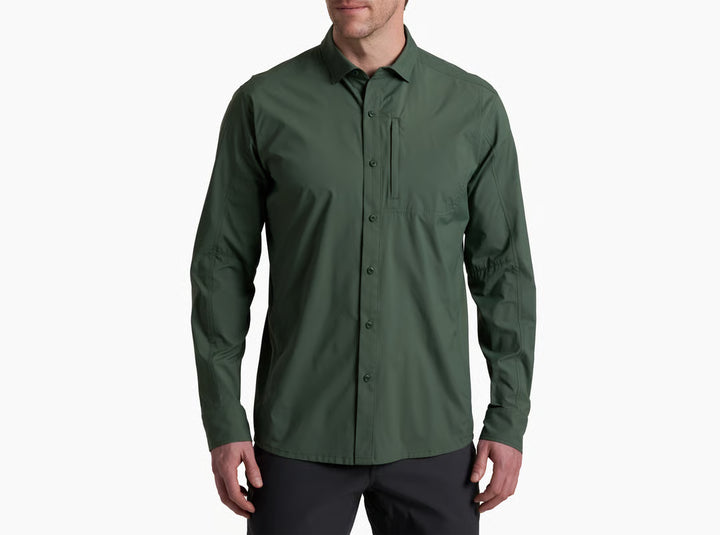 Green long-sleeve shirt worn by a person on a white background