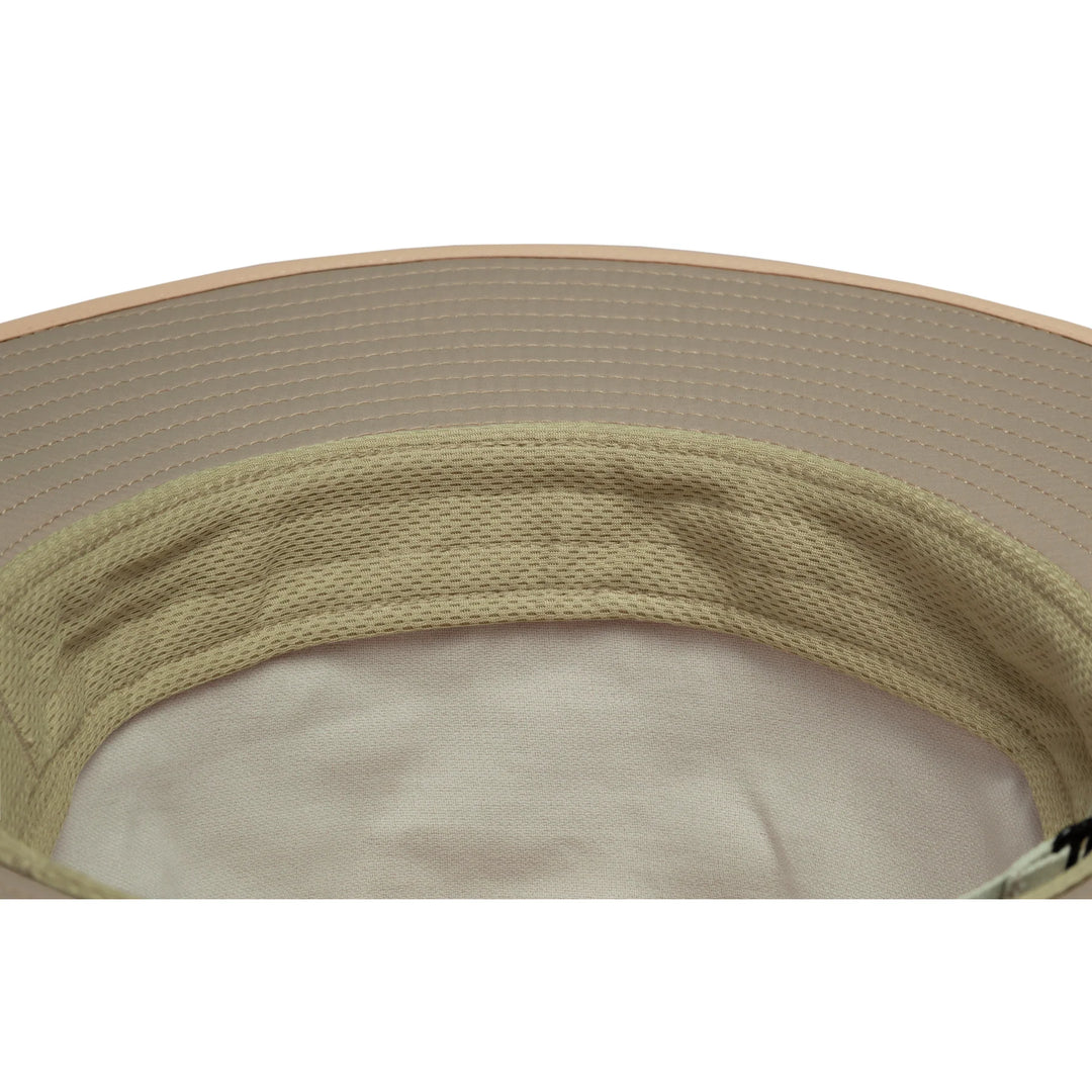 Close-up detail of a beige wide-brim sun hat showing the textured brim edge, woven fabric crown band, and light beige inner fabric.