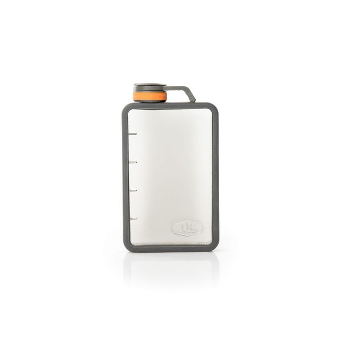 Rectangular  flask with grey rim and grey and orange cap on a white background