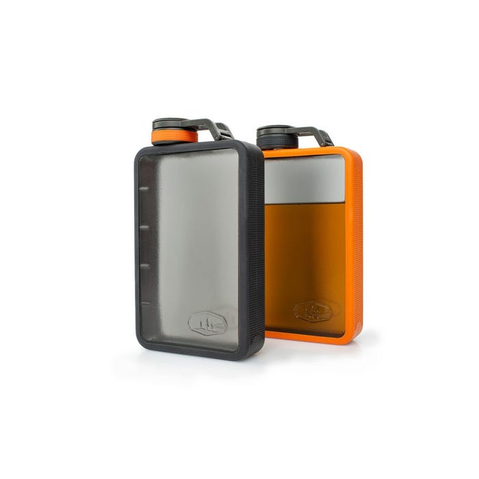 Two portable water flasks, one grey and one orange, on a white background
