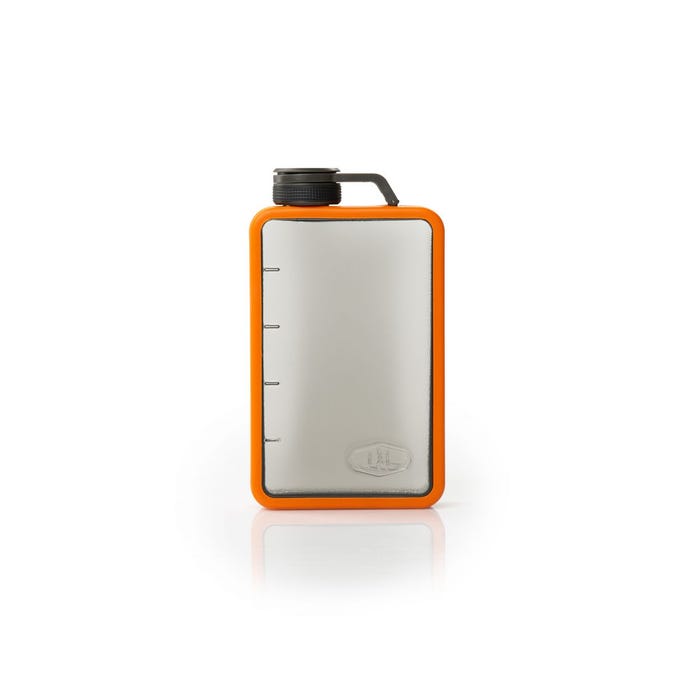 Rectangular  flask with orange rim and grey cap on a white background