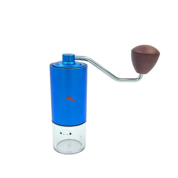 Blue metal hand coffee grinder on a white background