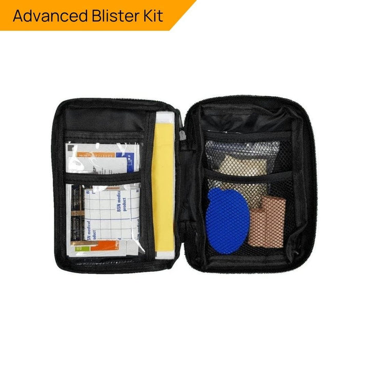 Open first aid kit with medical supplies in various pockets