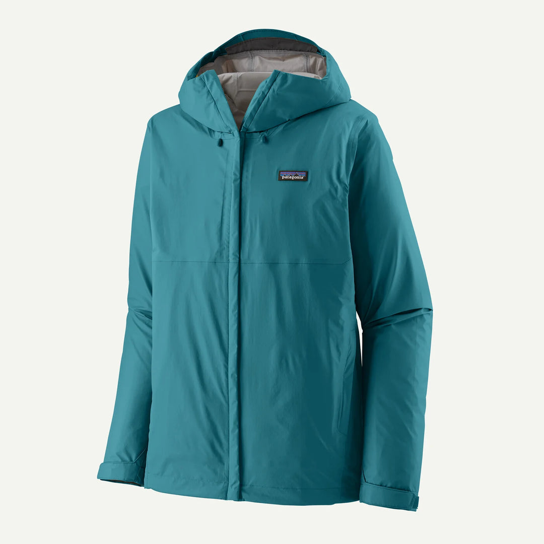 A teal Patagonia hooded jacket with a full front zip and the brand logo on the left chest, displayed on a clean off-white background.