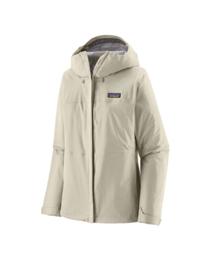 A cream hooded jacket with a front zipper and a small Patagonia logo patch on the left chest, shown against a plain white background.