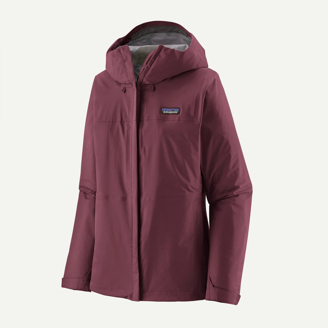 Maroon raincoat with a visible brand logo on a light gray background