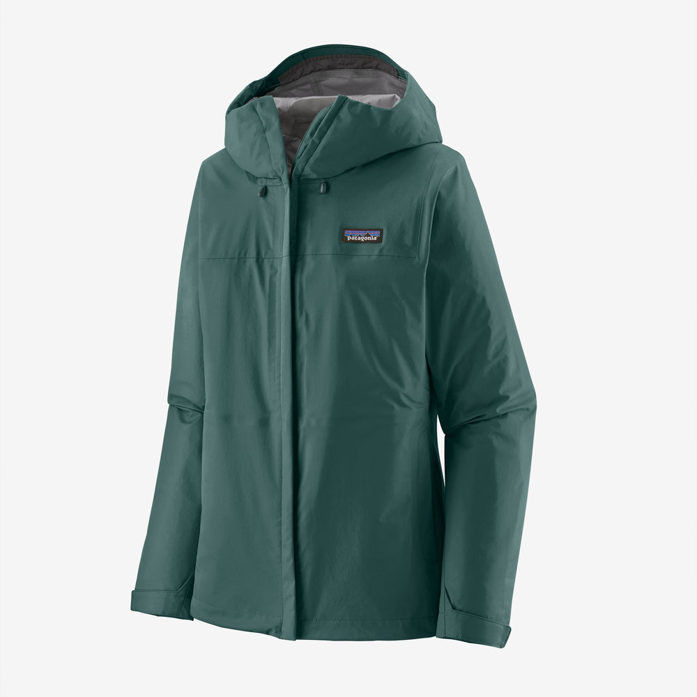 Green raincoat on white background with Patagonia logo on the breast