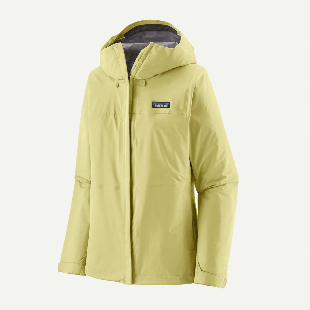 A light yellow-green hooded jacket with a front zipper, shown on a plain light gray background. The Patagonia logo patch is visible on the left chest.