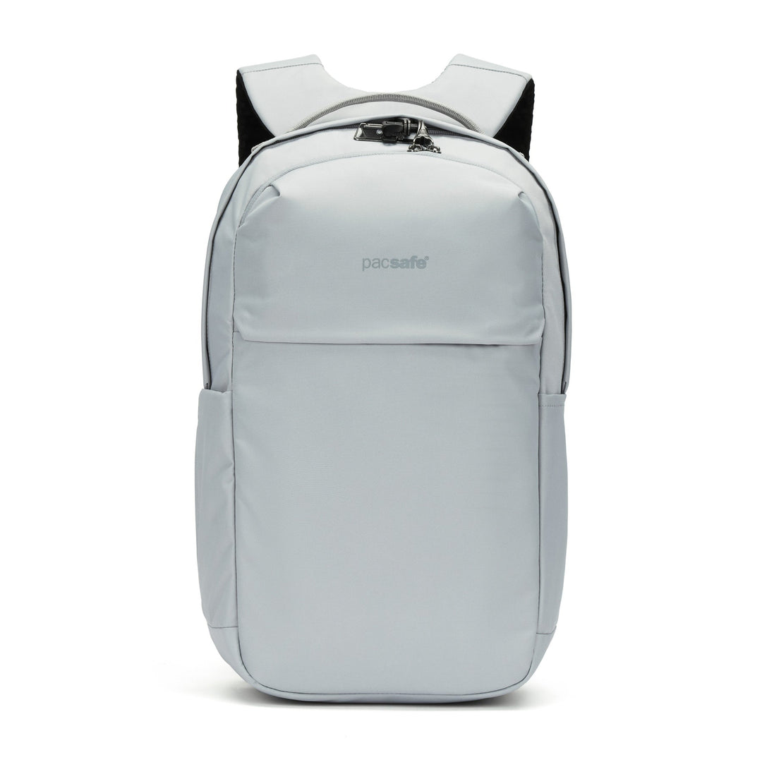 White backpack with Pacsafe branding