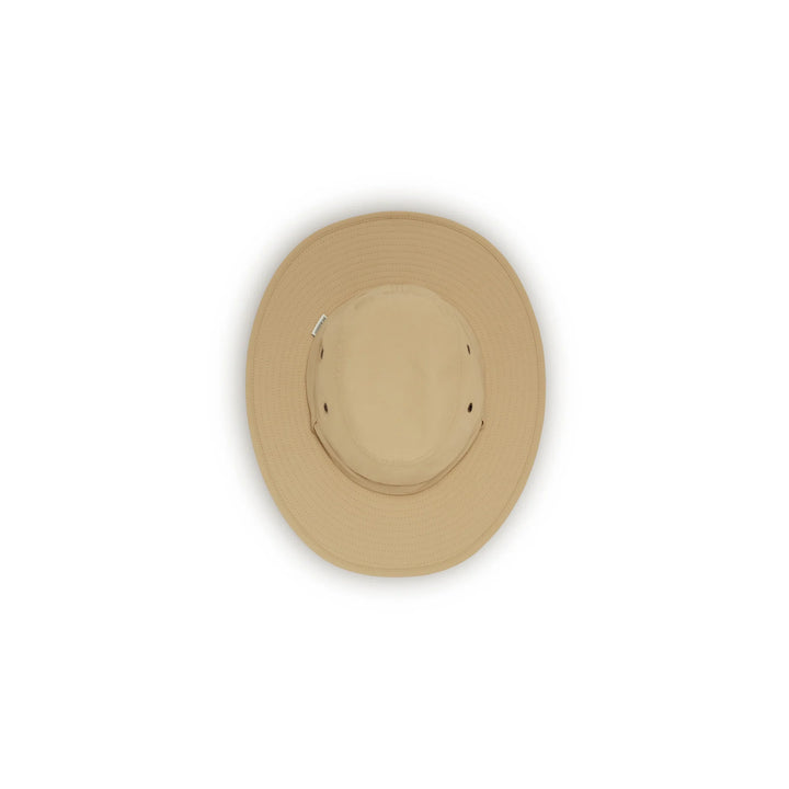 A light tan wide-brimmed sun hat shown from a top-down view on a white background.