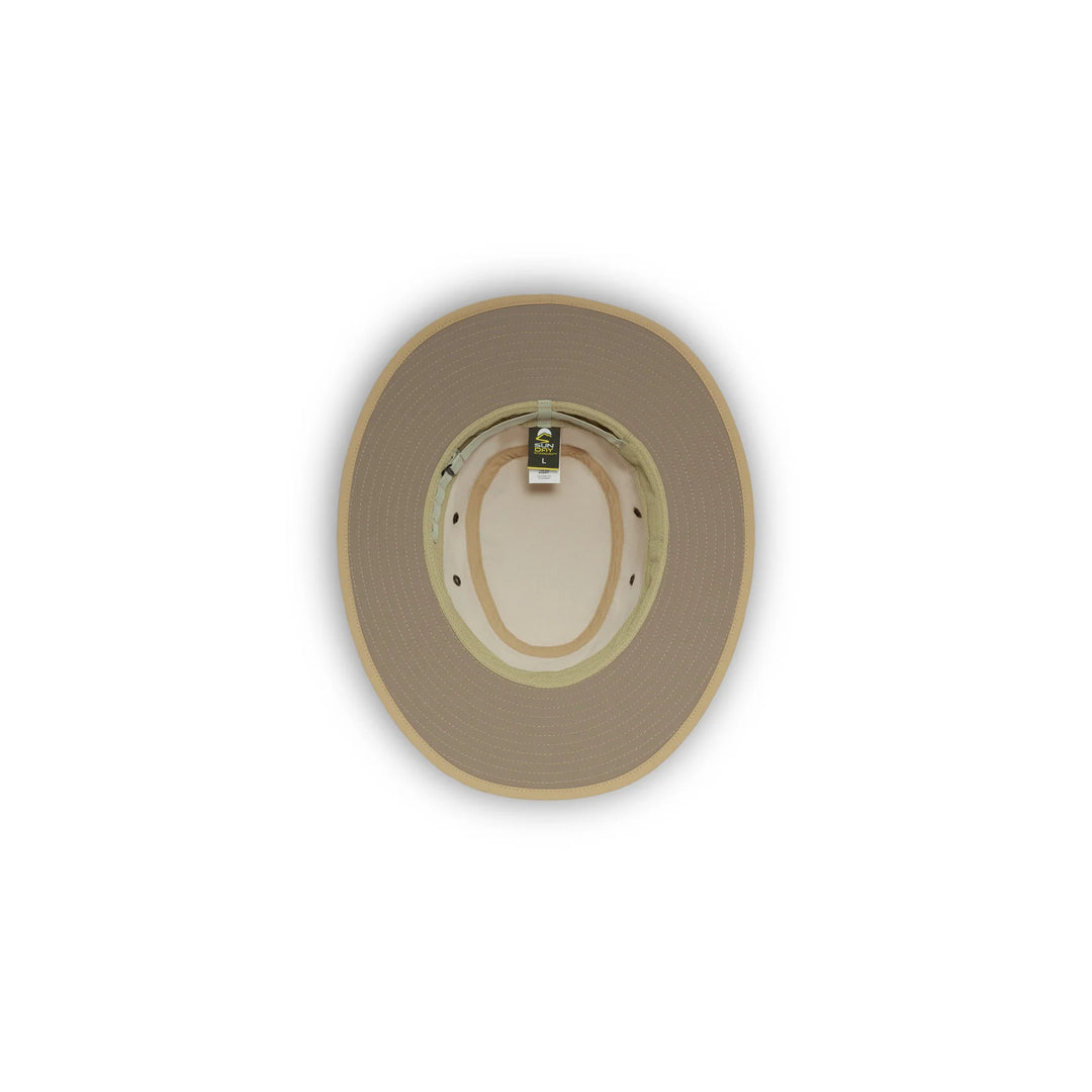 A top-down view of a wide-brimmed hat, showing a tan exterior and a beige interior with a light beige band, photographed on a white background.