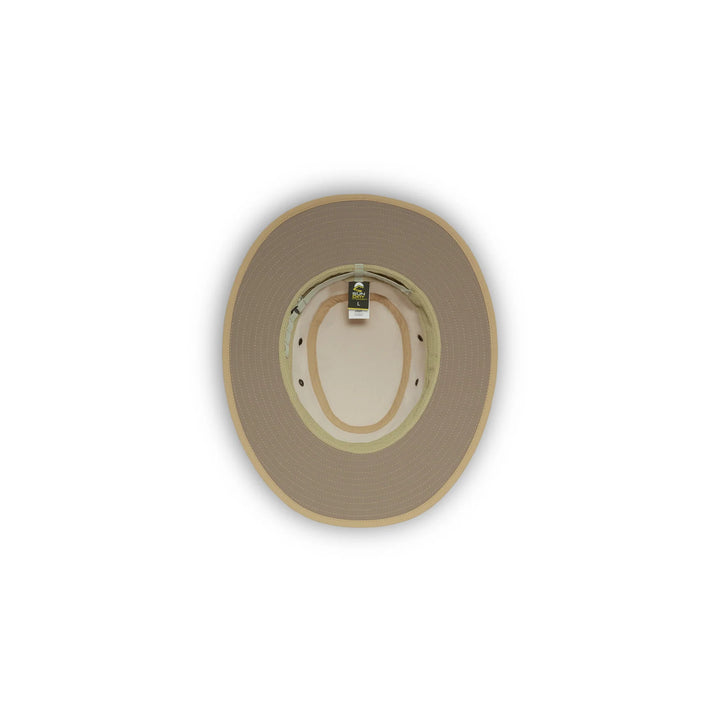 A top-down view of a wide-brimmed hat, showing a tan exterior and a beige interior with a light beige band, photographed on a white background.