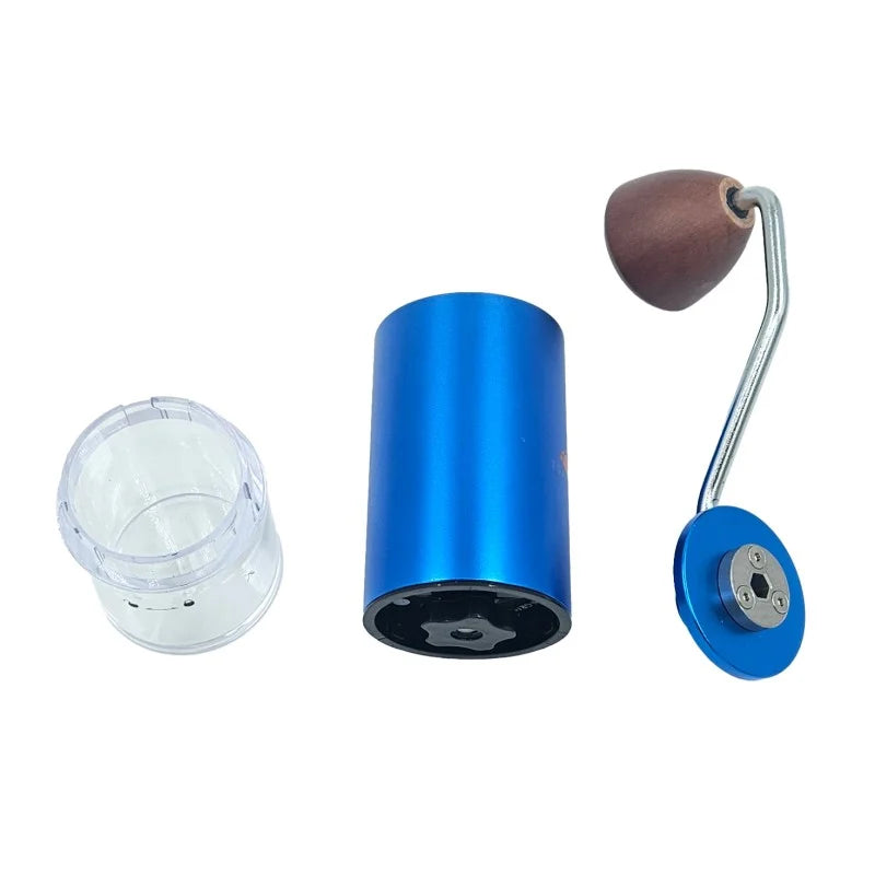 Components of a blue metal coffee grinder on a white background