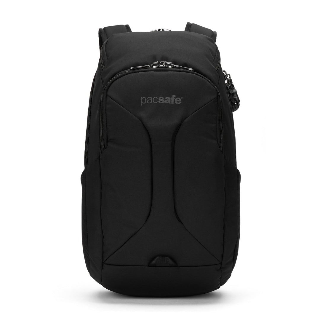 Black backpack with Pacsafe branding on a white background