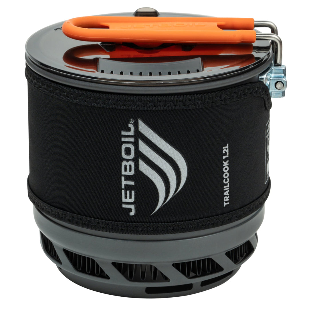 Jetboil camping stove with black cosy on a white background