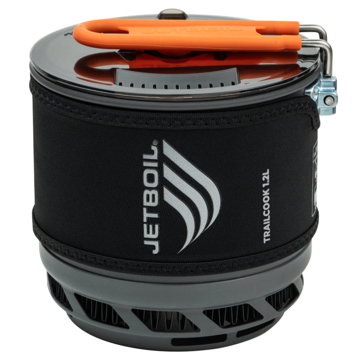 Jetboil camping stove with black cosy on a white background