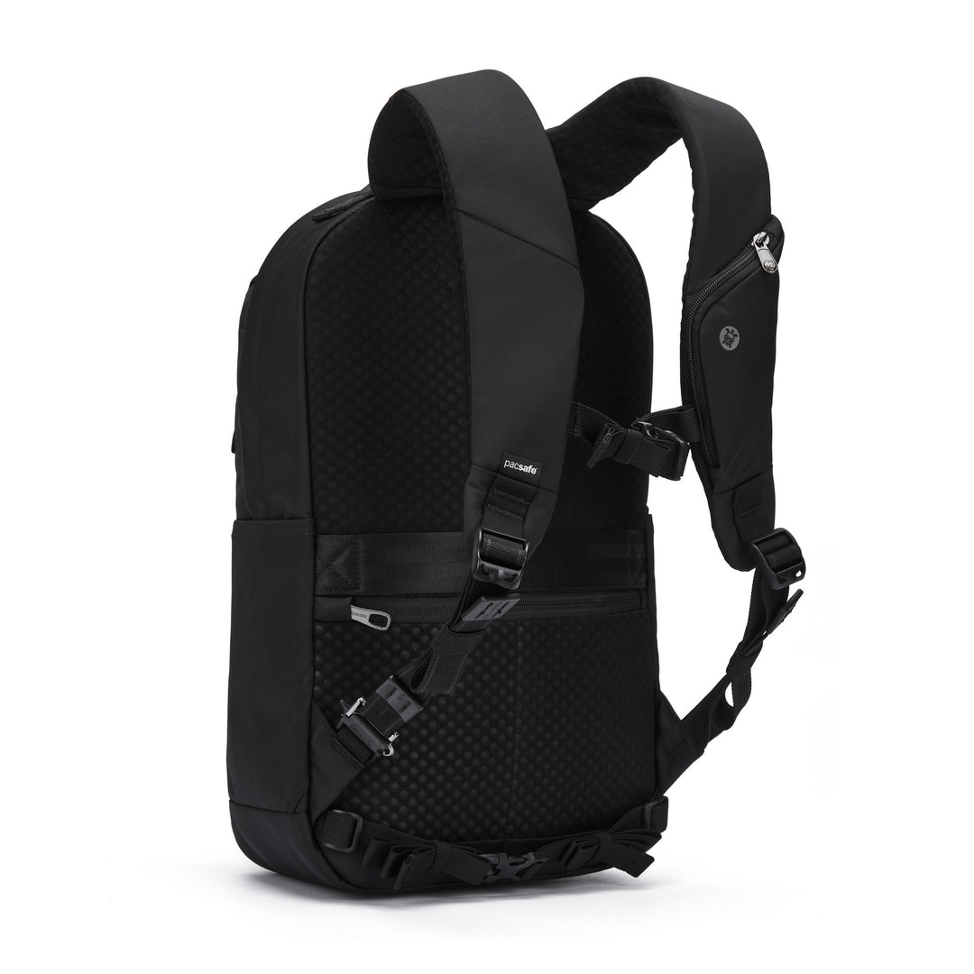 Black backpack viewed from the front showing shoulders straps and webbing hip belt