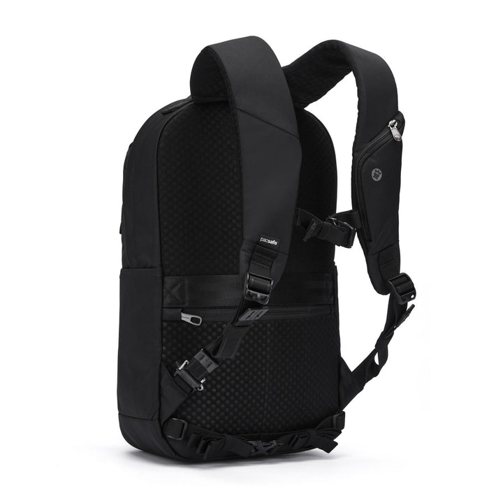 Black backpack viewed from the front showing shoulders straps and webbing hip belt