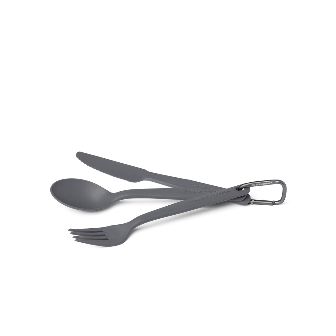 Set of three grey plastic camping utensils with a mini carabiner
