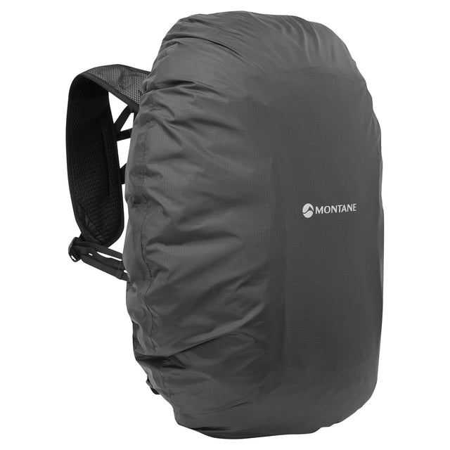 Grey backpack with rain cover on a white background