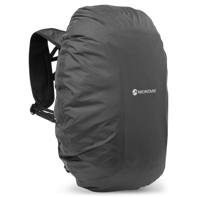 Grey backpack with rain cover on a white background