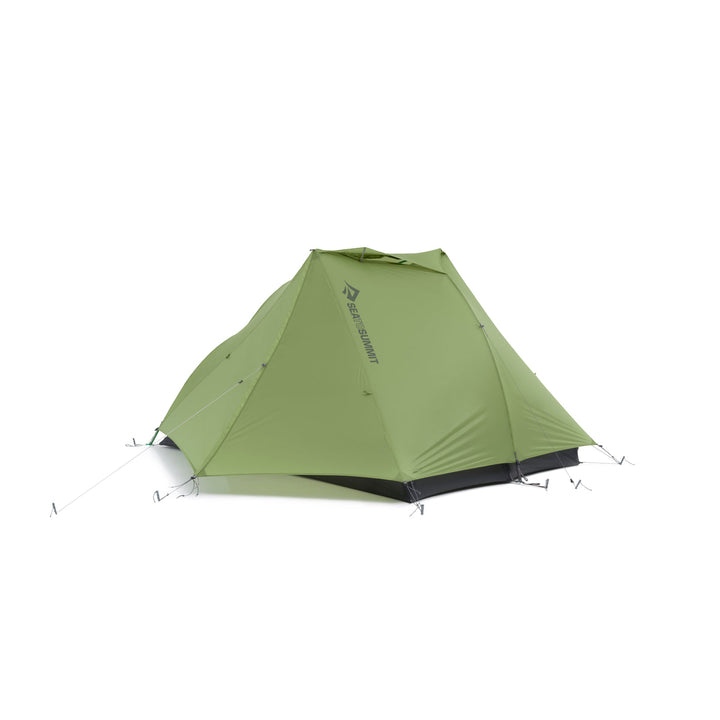 Green hiking tent with four guylines on a white background