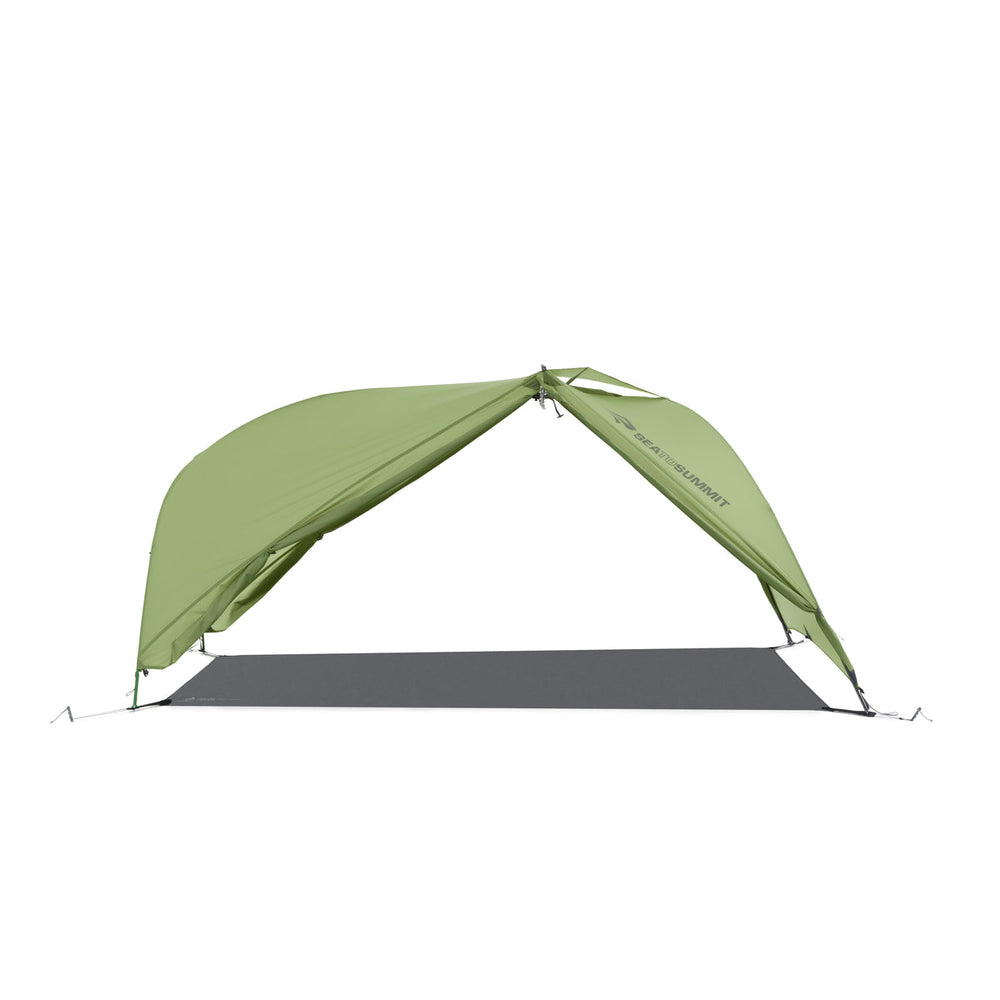 Green hiking tent fly pitched with footprint but no inner