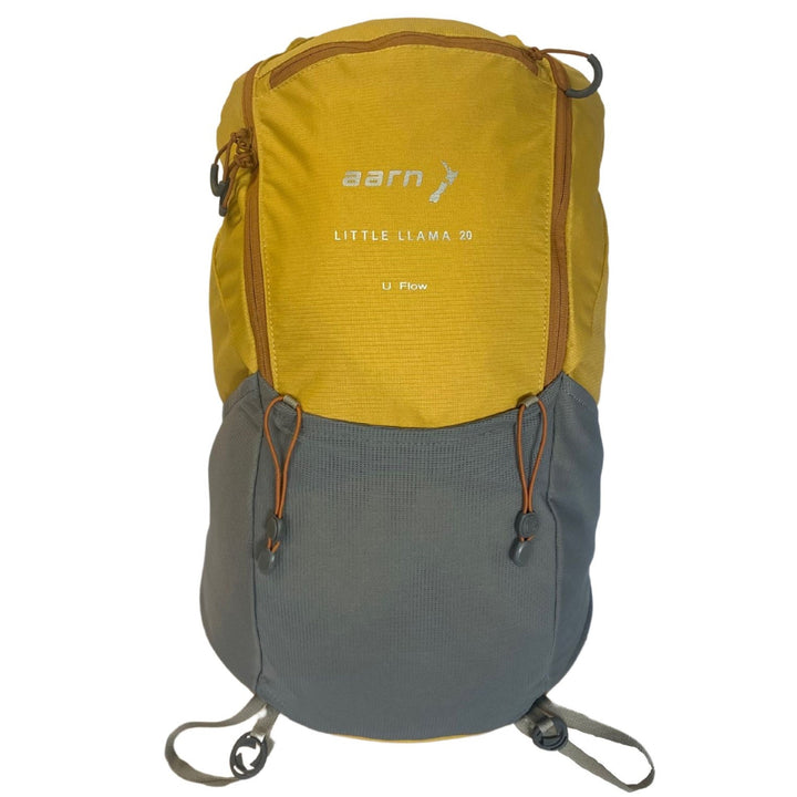 Yellow and grey backpack on a white background
